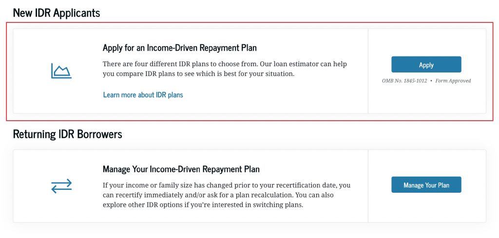 The online IDR Plan Application provides information for new applicants first, but it also has options for people who are already on an IDR plan.