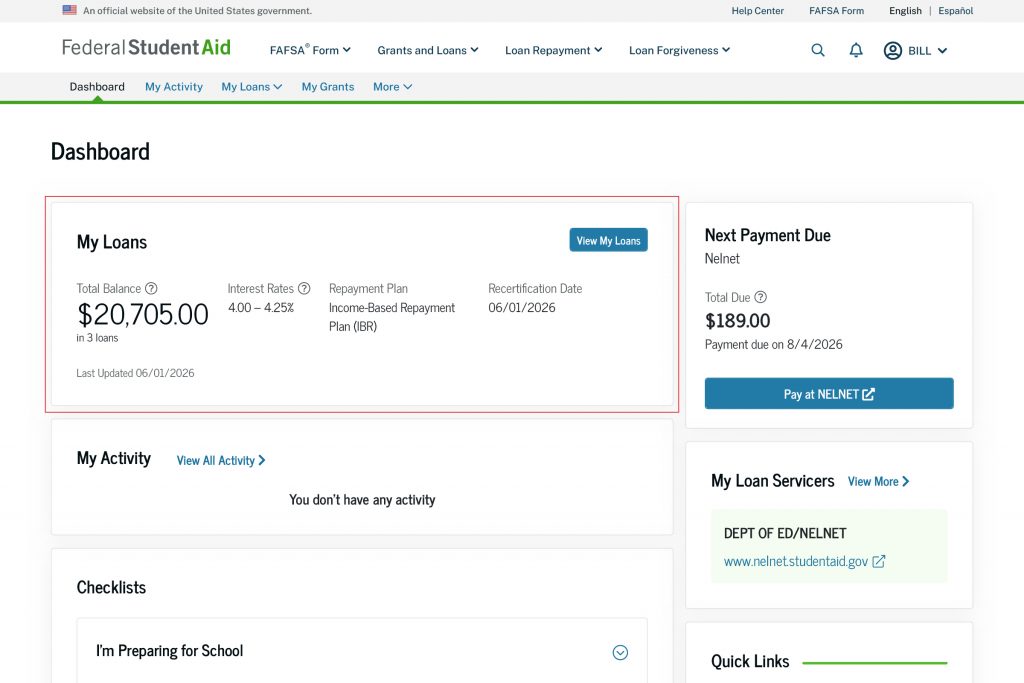 The StudentAid.gov account Dashboard provides helpful information to borrowers in repayment. This includes the borrower’s total balance of student loans, interest rate, repayment plan, payment due date, and the payment amount due.