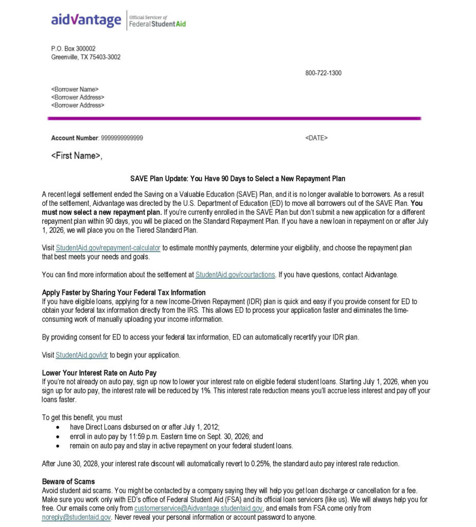 Sample Aidvantage notice titled “SAVE Plan Update: You Have 90 Days to Select a New Repayment Plan.”