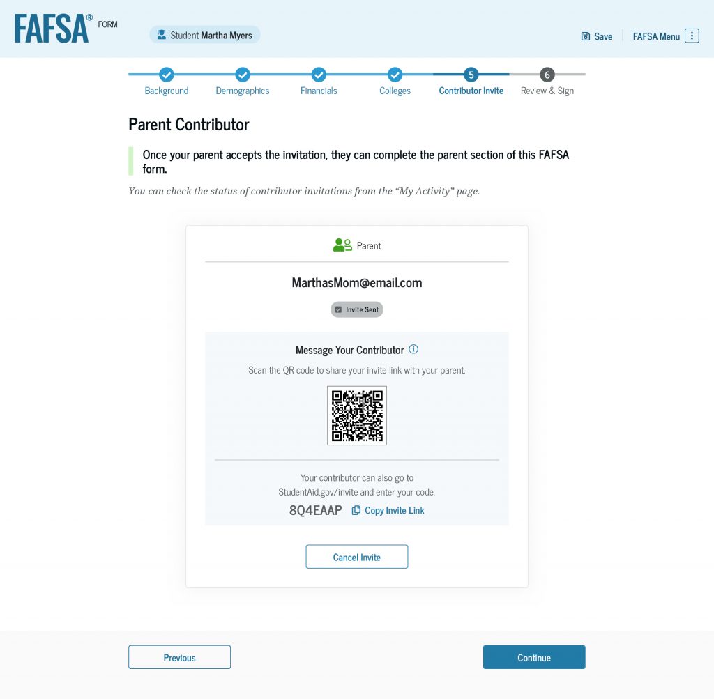 Screenshot continuation of the “Parent Contributor” page, which informs the student that the contributor invite has been sent to their parent. The student is also provided with other ways to send the invite, including an invite hyperlink they can copy, a numerical invite code, and a QR code they can scan to send the invite. There’s also a “Cancel Invite” button.