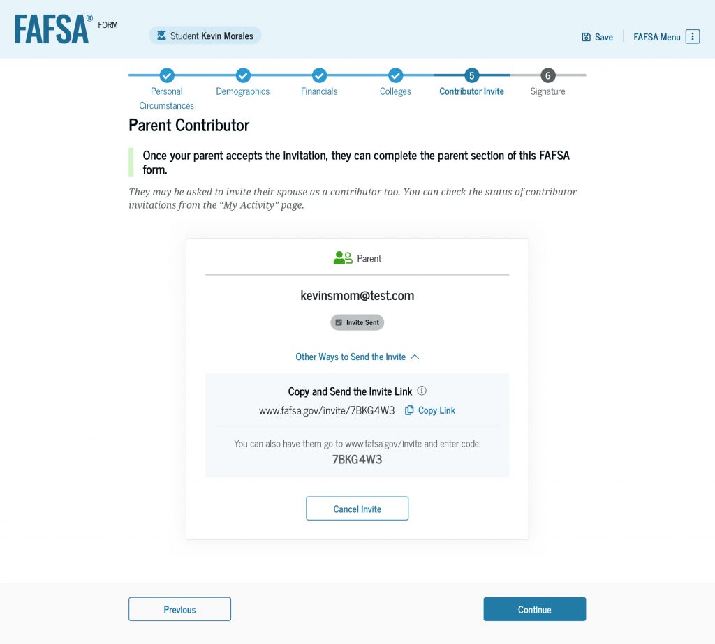 Screenshot continuation of the “Parent Contributor” page, which informs the student that the contributor invite has been sent to their parent. The student is also provided with other ways to send the invite, including an invite hyperlink they can copy and an invite code. Below that is a button to “Cancel Invite.”