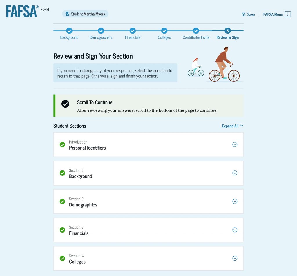 Screenshot of the “Review and Sign Your Section” page. Each of the previous five sections can be expanded or collapsed to review the answers.
