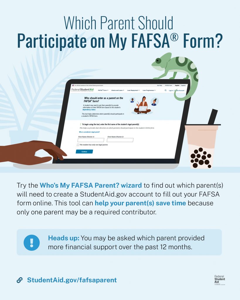The Who’s My FAFSA Parent? wizard helps save time by determining which parent will need a StudentAid.gov account to complete their sections of your FAFSA form.