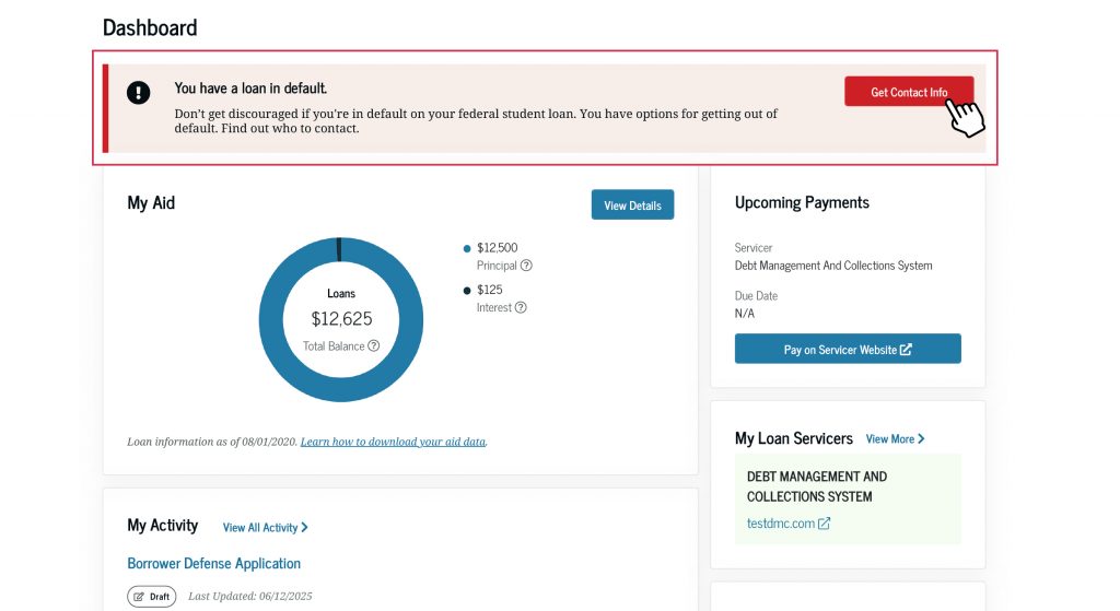 Your StudentAid.gov account Dashboard displays information about your federal student loans and grants under the “My Aid” section. You can view the total balance of your loans or select “View Details” for more details.