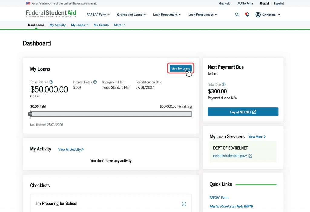 Your account Dashboard shows your loan information under the “My Loans” section, including your total balance, interest rate, repayment plan, and recertification date.