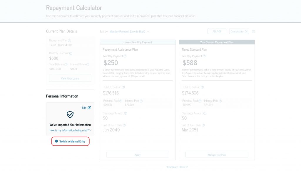 If you’ve successfully imported your financial information, you can select “Switch to Manual Entry” to manually enter income, family size, and dependents information.