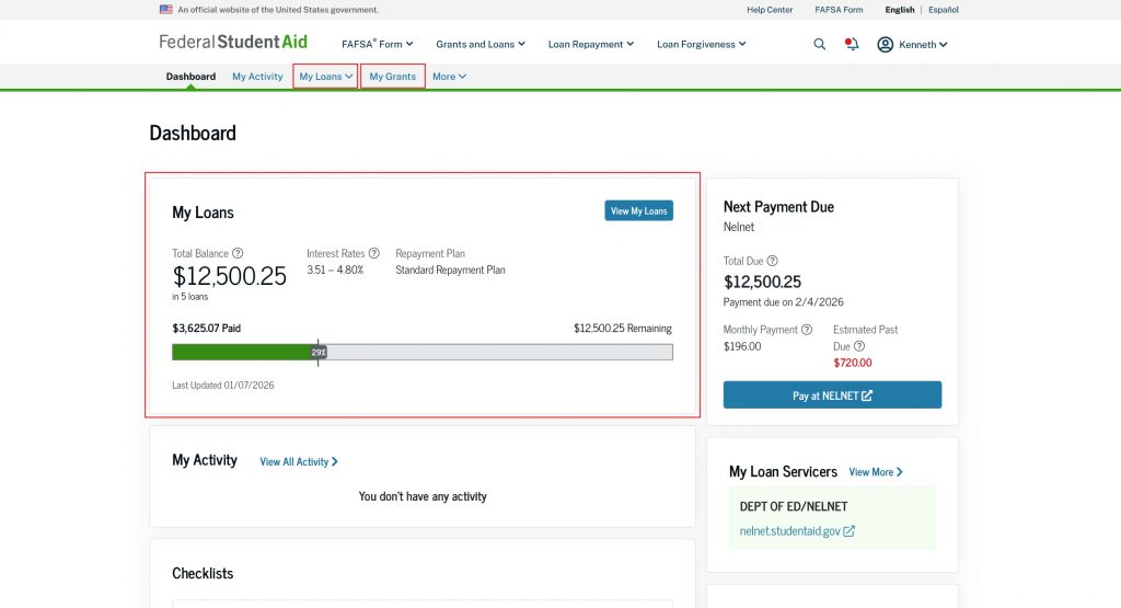 Your StudentAid.gov account Dashboard displays information about federal student loans under the “My Loans” section. Your student loan servicer, monthly payment amount, payment due date, and a link to make a payment are listed in the “Next Payment Due” box.