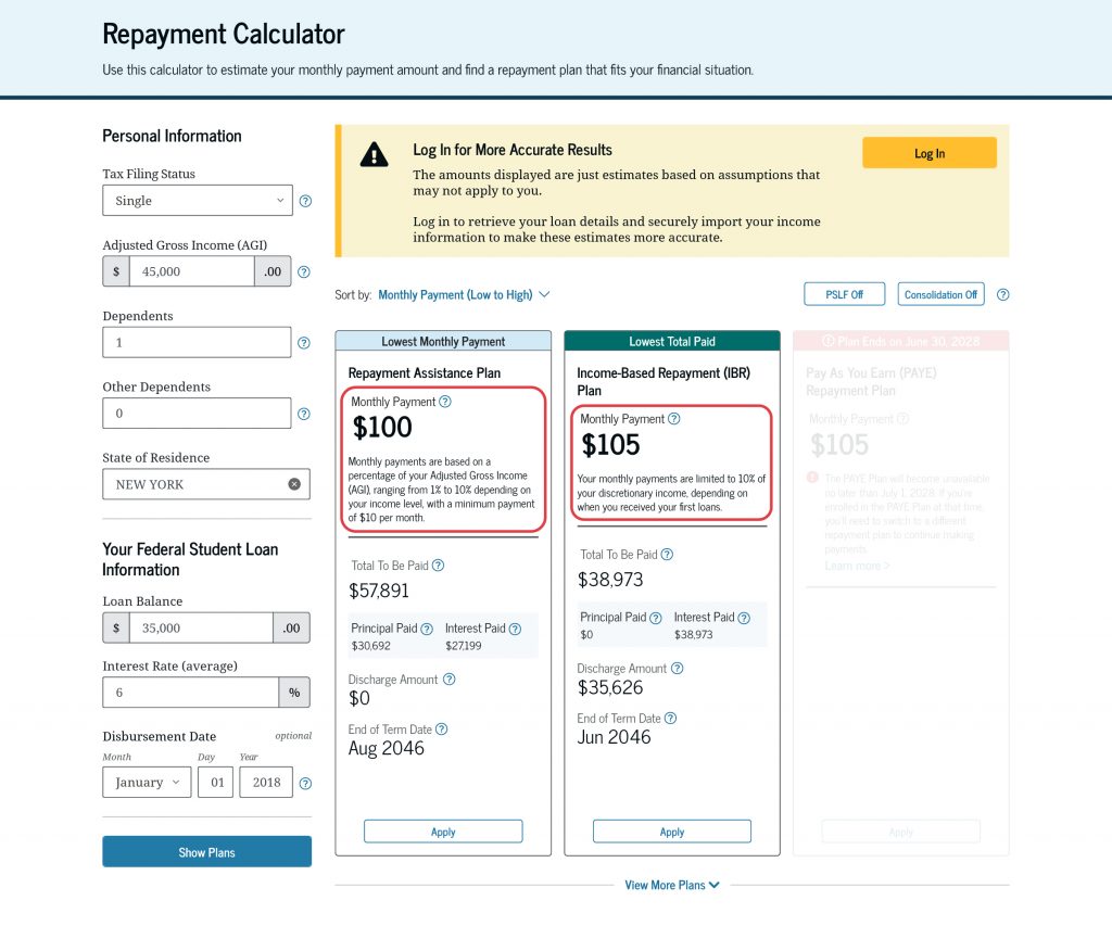 Each repayment plan that your loan is eligible for will display the estimated monthly payment amount. You can also review details about how the payment amount is calculated.