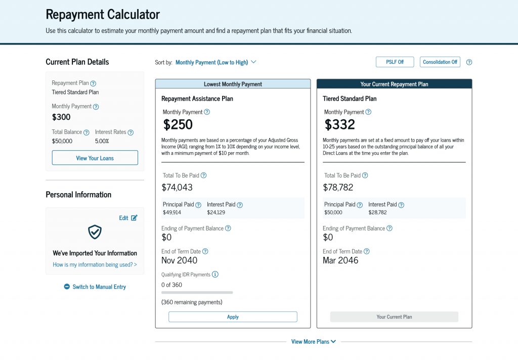 You can compare your monthly payment amount, total to be paid, principal paid, interest paid, ending of payment balance, and end of term date for your current repayment plan (if you have one) and other repayment plans that your loans may be eligible for, such as RAP.