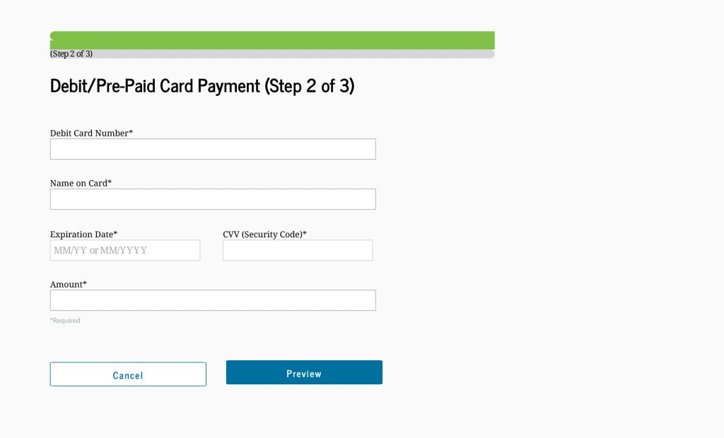 To make a payment using a debit or prepaid card, enter the card number, the name on the card, the expiration date, the security code, and the payment amount. To continue, select “Preview.”