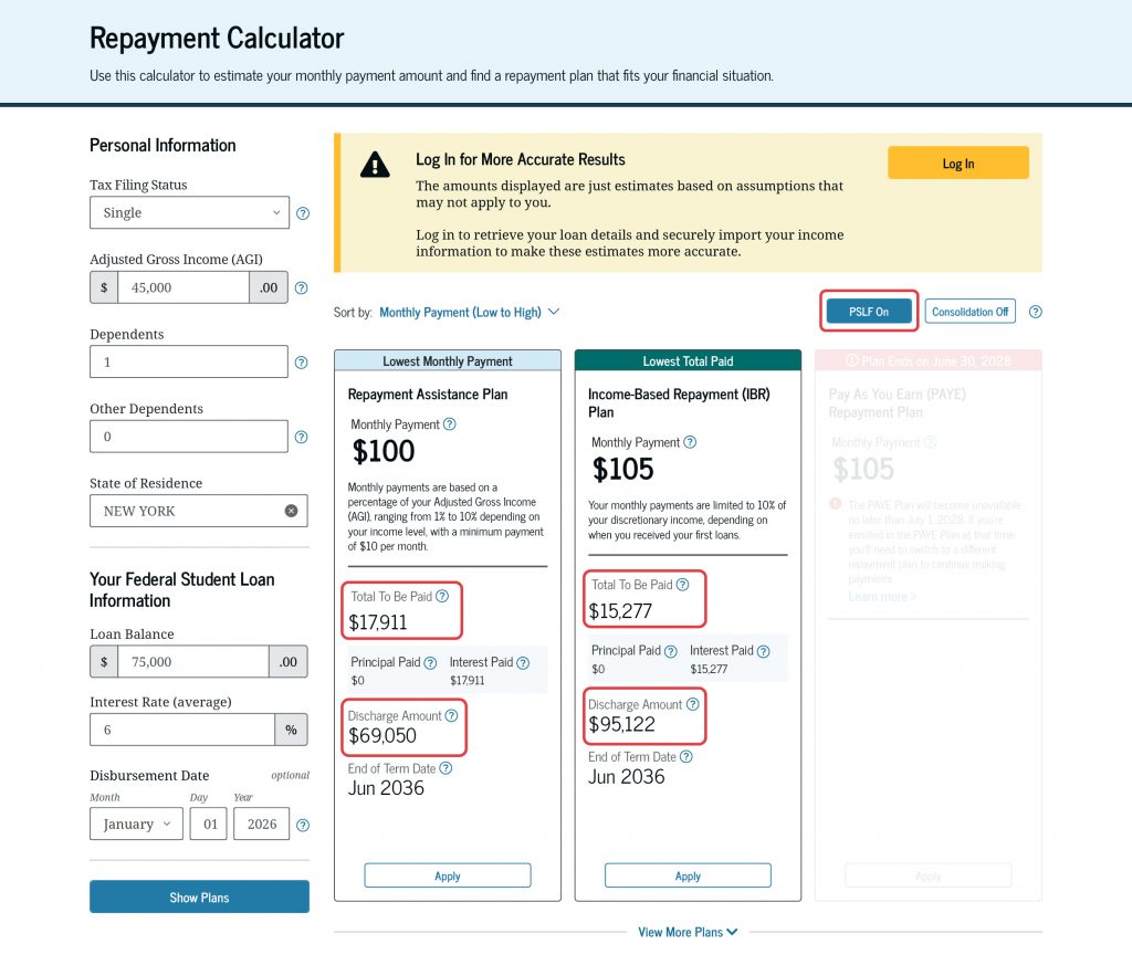 When you select “PSLF On” in the Repayment Calculator, the details for each repayment plan your loan is eligible for may update. This includes the estimated total amount to be paid and the estimated discharge amount.