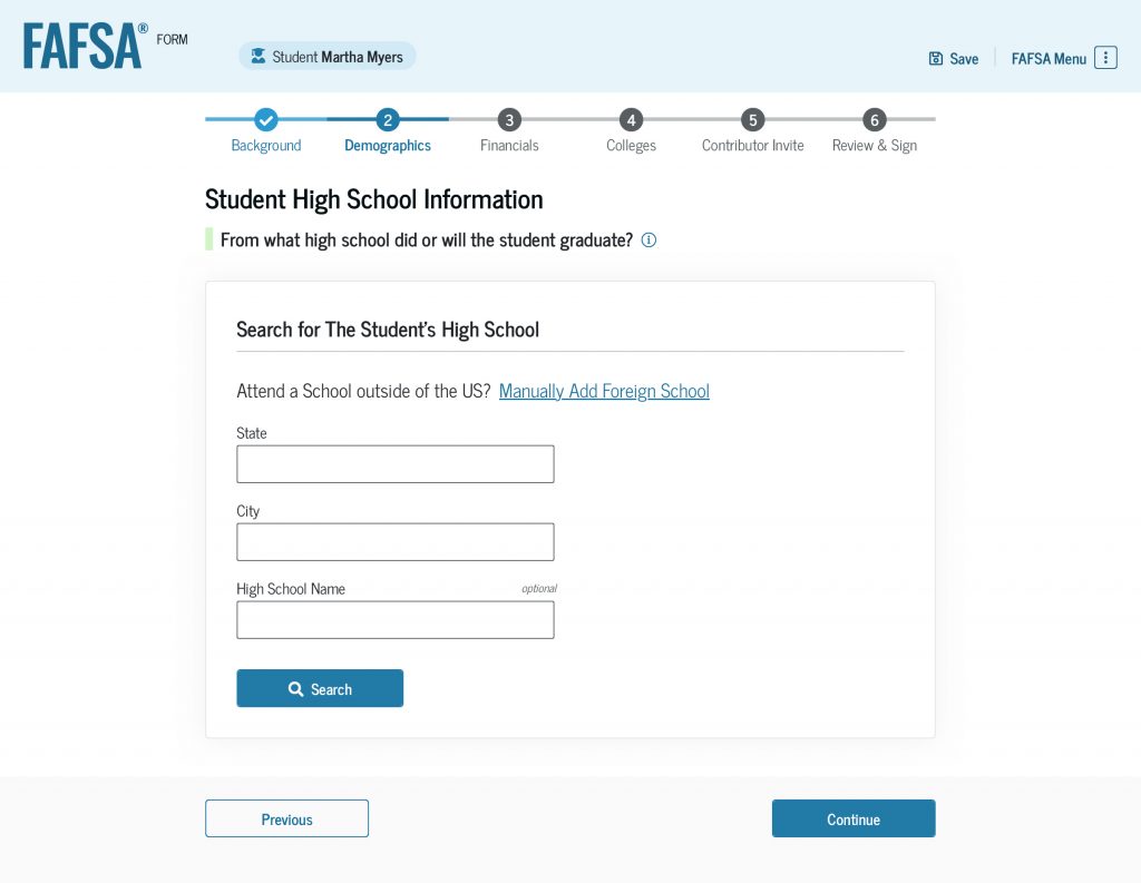 Screenshot of the “Student High School Information” page. There are text boxes to search for the correct high school by entering the location and name of the school.