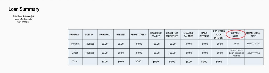 The “Loan Summary” section will list your total debt balance, as well as other information including the loan program type, debt ID, loan principal amount, interest amount, penalties and/or fees, servicer name, and transferred date. 