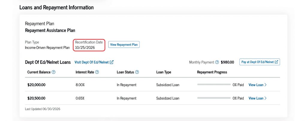 Your “My Loans” page shows information about your loans and repayment, including your repayment plan, the plan type, and the recertification date. You can also review details about your student loan, including the current balance, interest rate, loan status (e.g., “In Repayment”), loan type, and repayment progress.