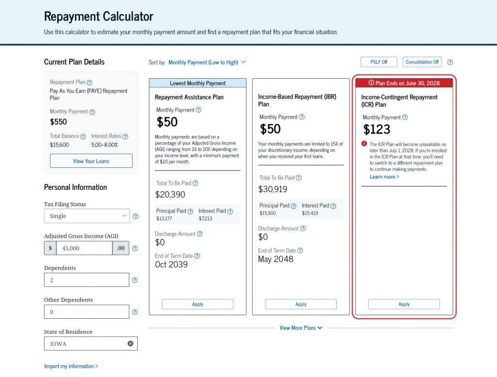 Repayment plans that are ending include a red banner of “Plan Ends” and the date the plan will end. If you’re enrolled in one of these plans, you’ll need to switch to a different repayment plan to continue making payments.
