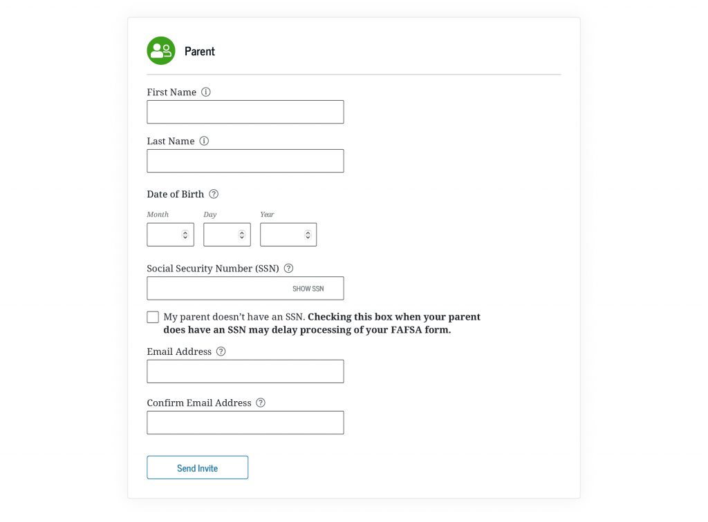 Screenshot continuation of the “Personal Circumstances” section, which has text boxes for the student to enter the parent’s name, date of birth, Social Security number, and email address. Below, there is a button to “Send Invite.”