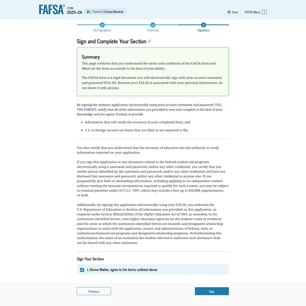 The signature page is where you’ll agree to the terms and conditions of the FAFSA form.