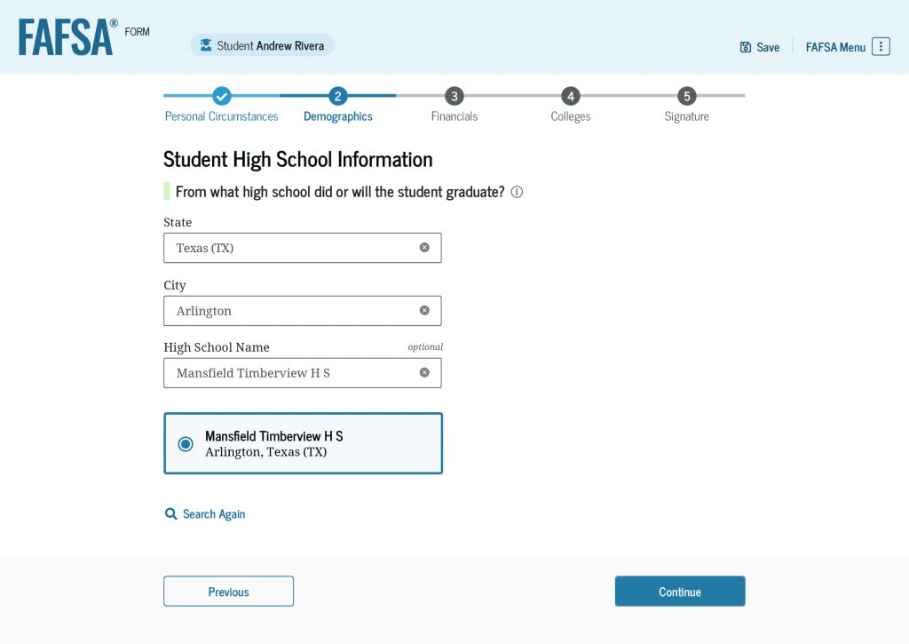 Screenshot continuation of the “Student Demographics” section. There are text boxes to search for the correct high school by entering the location and name of the school. The screenshot displays the search results from the information the student entered. 