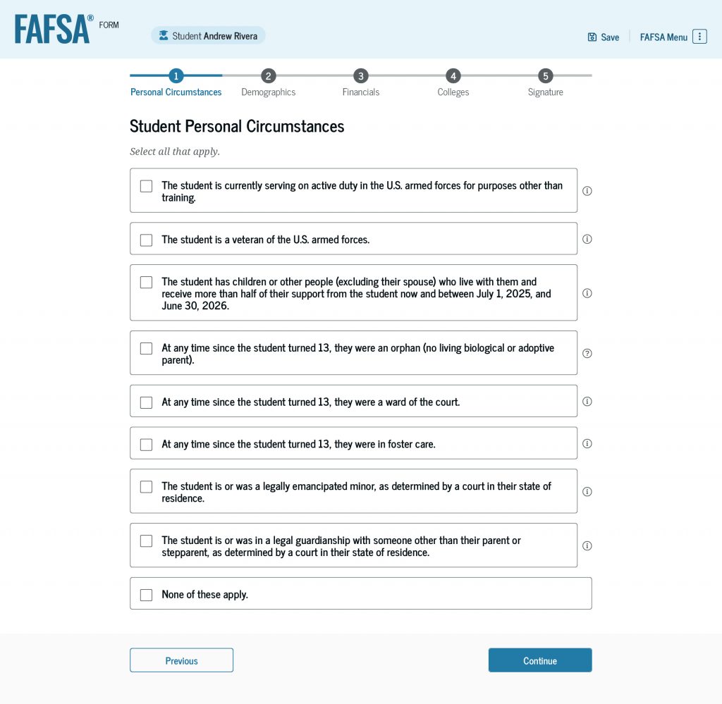 Screenshot of the “Personal Circumstances” section, which lists a series of statements for students to select all that apply. These statements include military status, having children or other dependents, and dependency status (orphan, ward of the state, foster care, emancipated minor, and/or under a guardianship).