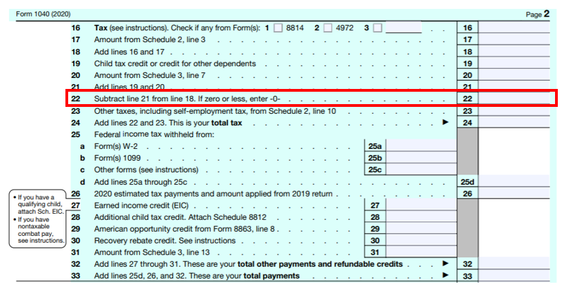 2020 Form 1040 With Line 22 Outlined